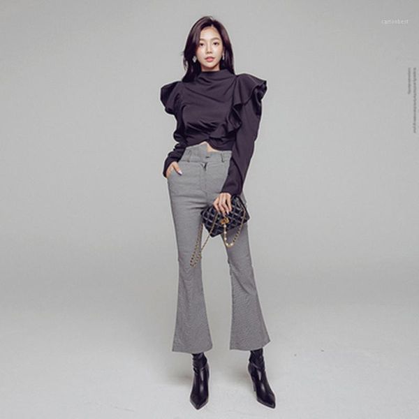 

women's two piece pants korean simple autumn sets ruffles short & high waist houndstooth slim-fit flared occupation 2-piece suit1, White