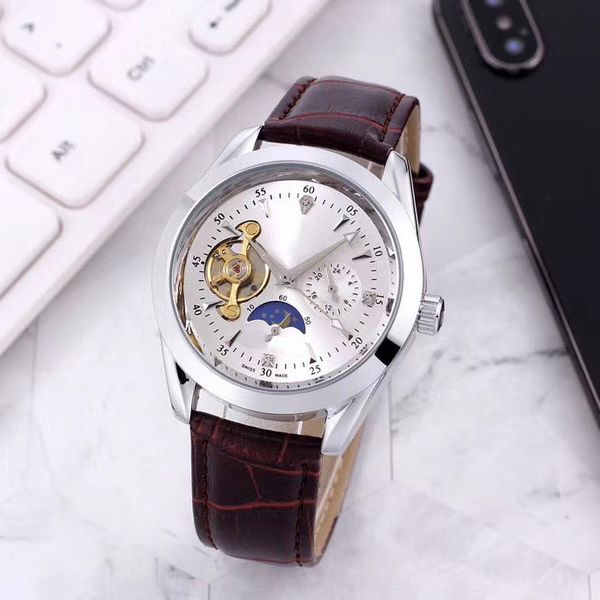 Business Mens Watches Top Brand Brand Leather Strap Wristwatches Mecânicos Movimento Automático Lua Flywheel Watch for Men's Day do Pai Presente Montre de Luxe