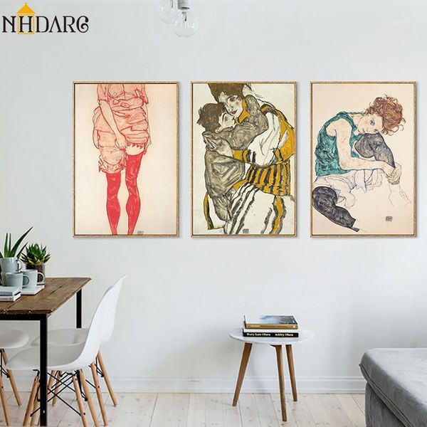 

paintings egon schiele body color delineation sketch figure canvas art print painting poster, wall pictures for living room, home decor1