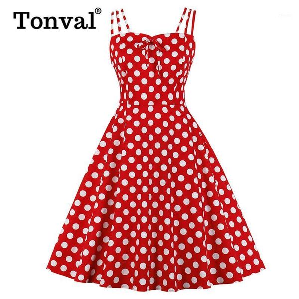 

tonval retro style polka dot tie front spaghetti strap party swing dress women 2020 summer shirred back vintage a line dresses1, Black;gray
