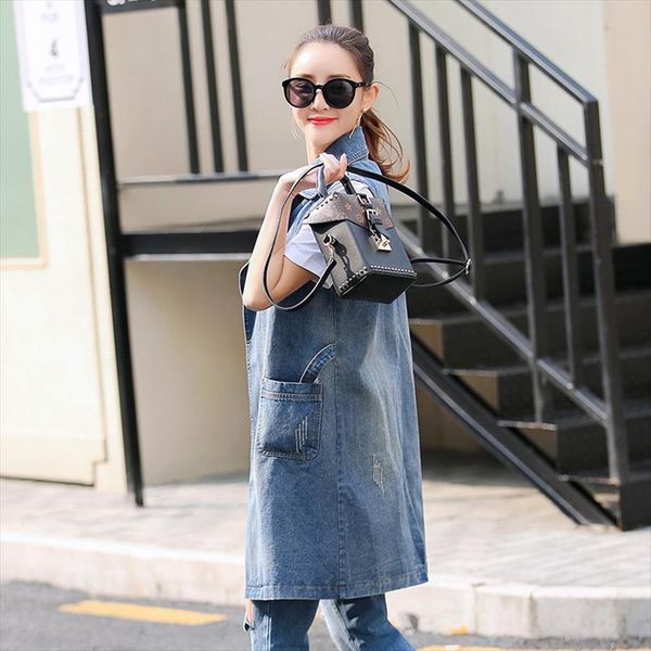 

2020 denim vest jacket women fashion spring summer plus size sleeveless hole long outerwear female casual jeans waistcoat g223, Black;white
