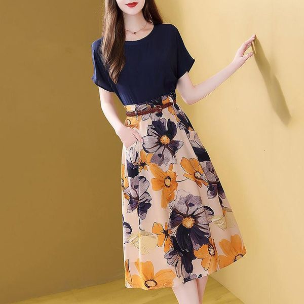 

summer new retro elegant 2 piece set women t-shirt a-line floral skirts suit two piece sets office lady clothing, Gray