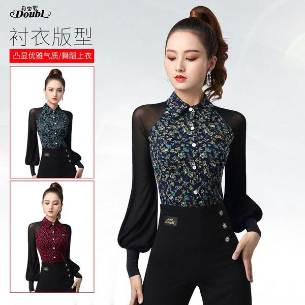 

doubl latin training square dance women's new ladies dress shirt collar one-piece long lantern sleeve ballroom clothes, Black;red