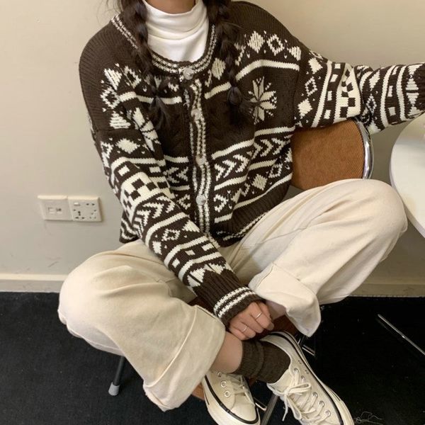 

cardigan women sweater short print korean fashion sweaters single-breasted round neck casual womens clothes lugentolo, White;black