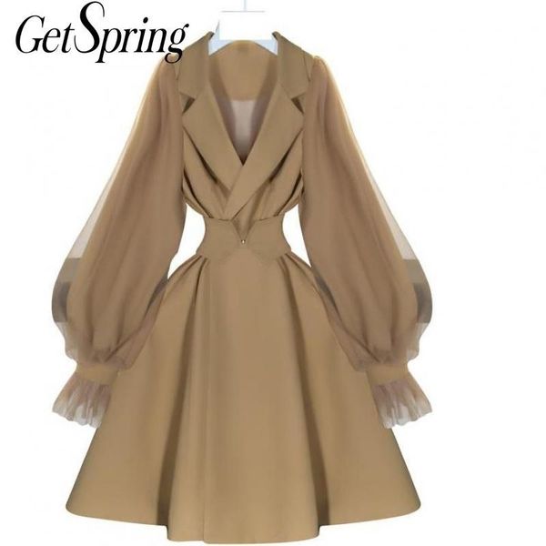 

getspring women trench coat mesh patchwork lantern sleeve vintage trench coat women khaki leisure long coats woman clothes 2020 201124, Tan;black