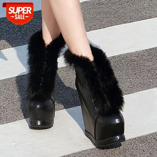 

women boots 2019 winter faux fur fashion wedges heels shoes woman boots platform warm snow luxury ladies ankle boot black #496w