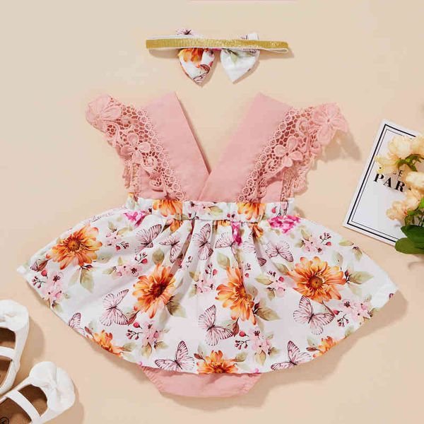 Bebê recém-nascido meninas roupas casuais moscas manga romper moda borboleta cópia hem flutue jumpsuits e headband verão 0-24m g220223