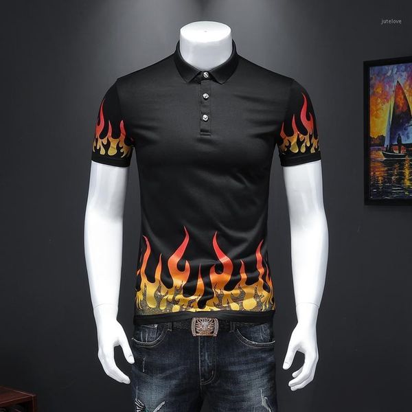 

2020 flame print shirt men casual stretch cotton t shirt mens fashions short sleeve plus size clothing1, White;black