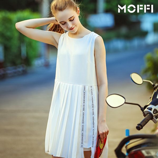 

summer new style white chiffon temperament round neck splicing sleeveless women's pleated summer new dress style white chiffon temperam, Black;gray