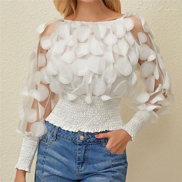 

2020 new blouse women slim fit long sleeve perspective screen yarn shirt spring autumn fashion cute solid color1, White