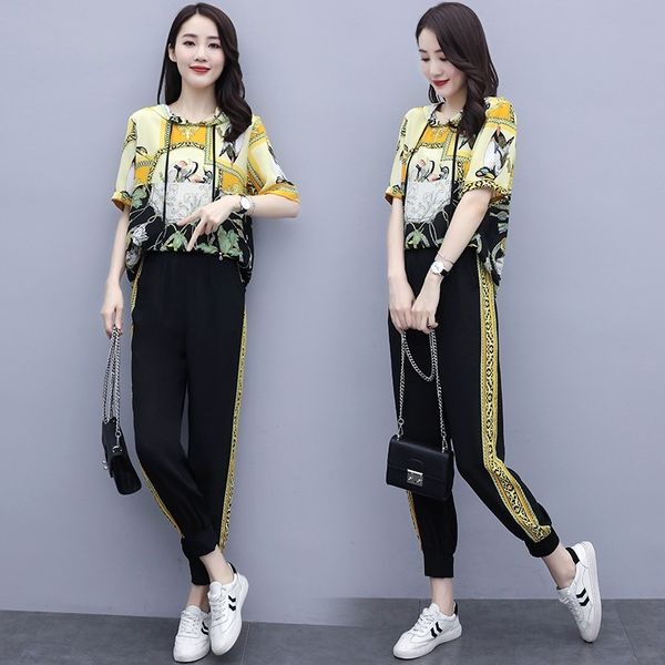 

imbmz casual suit women's summer trendy 2020 new fashion two-piece sportswear short-sleeved korean style hooded sportswear sweater loos, Gray