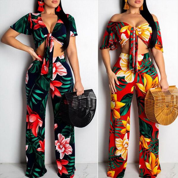 

summer clothes for women two piece v neck jumpsuit floral printed crop wide leg trousers new 2 piece set women short, Gray