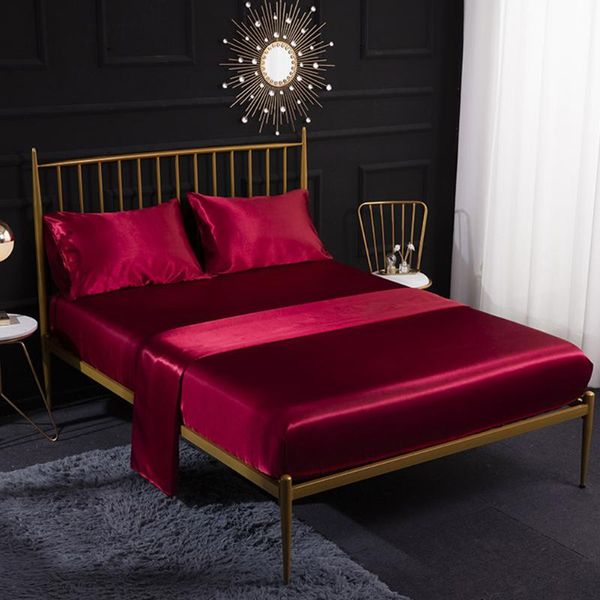 

4pcs solid satin sheets set comfortable silky smooth bedding easy clean with pillowcase l polyester deep pocket fitted cover