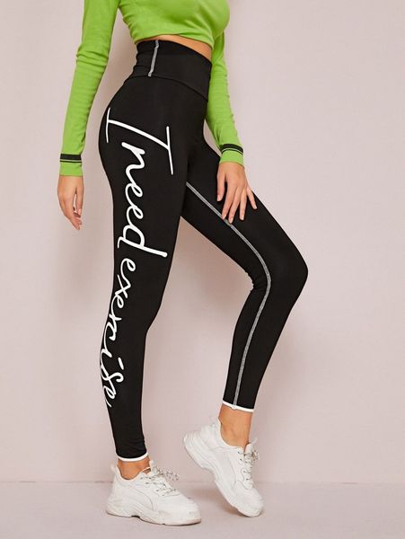 

high waist contrast stitch slogan graphic leggings l6lg#, Black