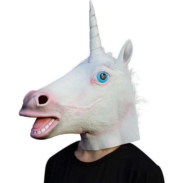 Máscara de unicornio Cara completa Caballo de Halloween Máscara de unicornio Novedad Cabeza espeluznante Látex Marrón Traje de teatro Prop Máscara de fiesta espeluznante Y200103