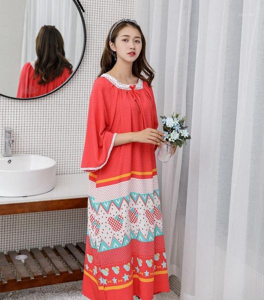 

spring summer lady pure cotton silk super soft nine points sleeve loose enlarged with fat princess nightgown lounge lingerie1, Black;red