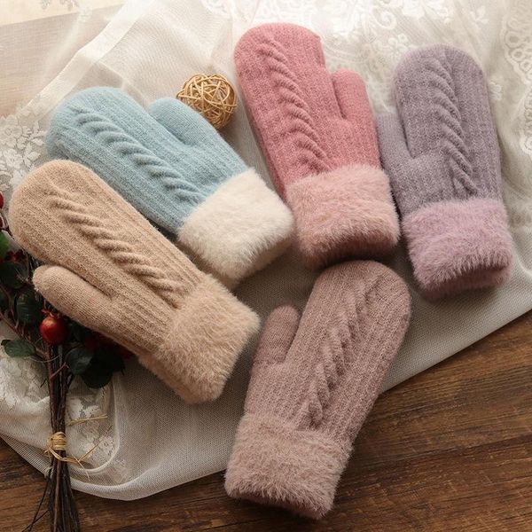 

five fingers gloves female winter warm korean riding ladies plus velvet thickened student cycling woolen all-inclusive finger, Blue;gray