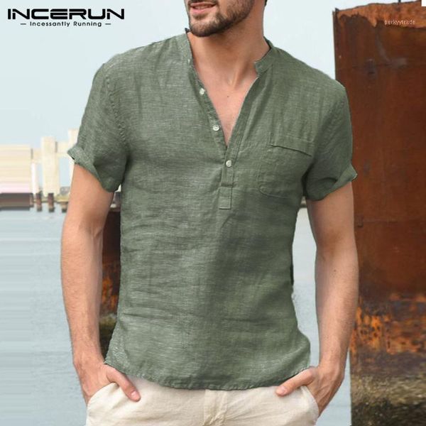 

men's casual shirts 2021 summer men's stand collar short sleeve button blouse streetwear loose breathable male chemise incerun1, White;black