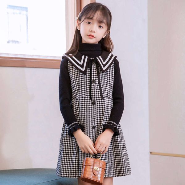 

bird girls' thousand check drs sweater two piece 2020 winter new foreign sle children's wear bottom shirt skirt, Blue