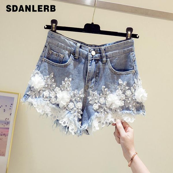 

women's jeans flower shorts for women summer hole slimming wide leg pants high waist denim students streetwear, Blue