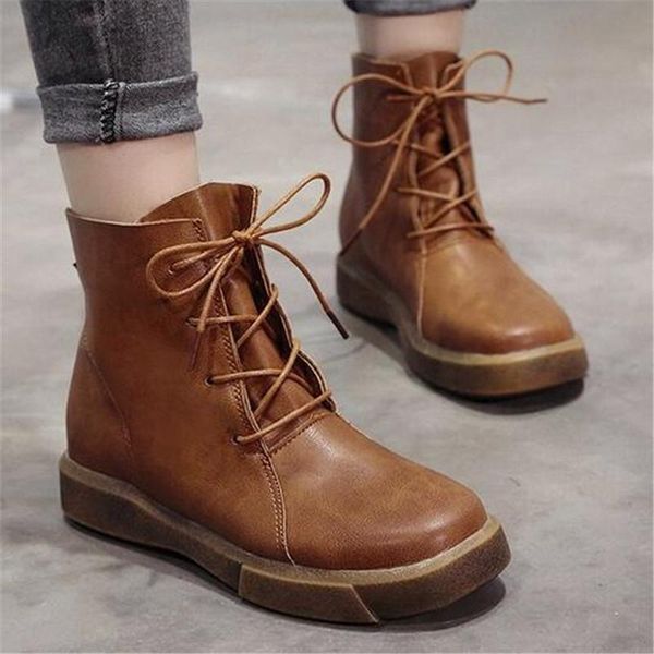 

new waterproof women boots fashion lace up platform ankle boots for women autumn winter leather warm flat, Black