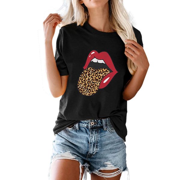 

carney carney women's big mouth leopard tongue round neck short sleeve t-shirt, Black;brown