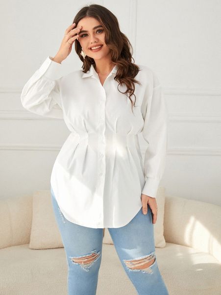 

plus drop shoulder button front curved hem blouse f0qn#, Black