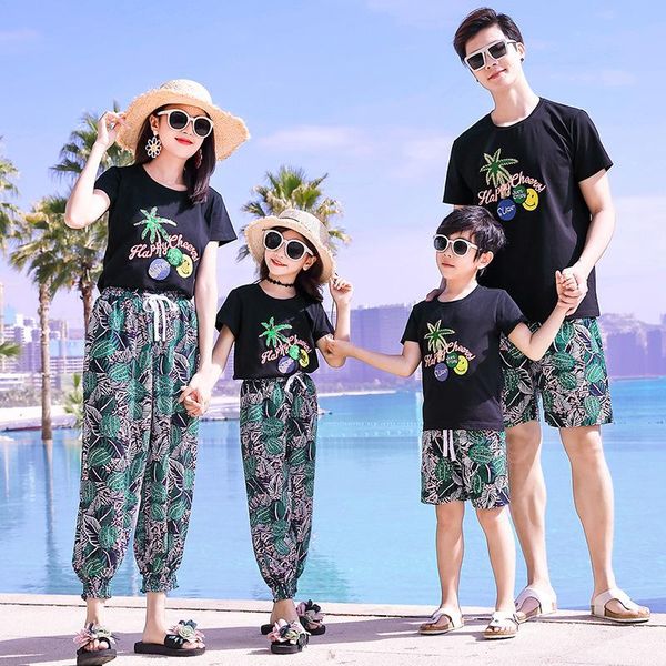 

лето matching семьи одежда мамы дочь одежда папа сын футболка + брюки отдых море пляж пара matching одежды, Blue