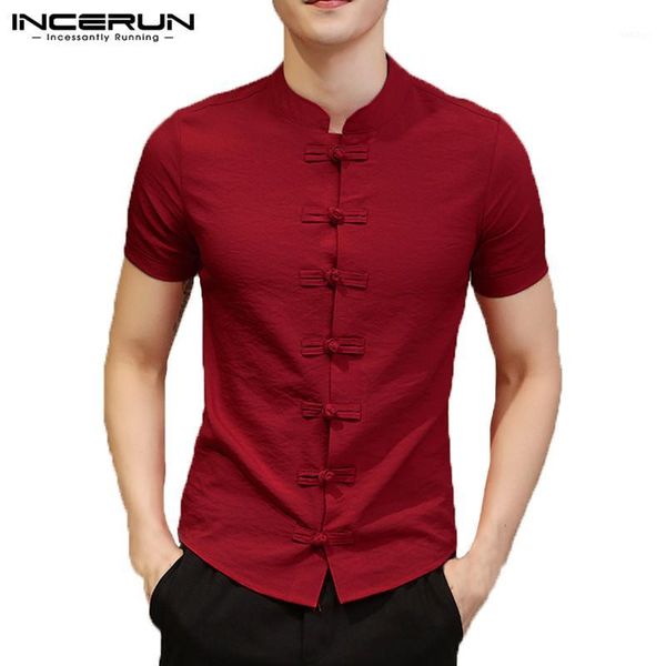 

incerun chinese style traditional shirt men short sleeve vintage shirt solid color slim fit leisure men casual dress 20191, White;black
