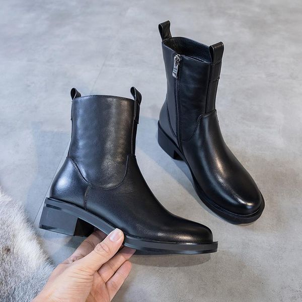 

2021 new simple leather women boots black casual flat women shoes spring and autumn short boots ladies mid heel ankle boty
