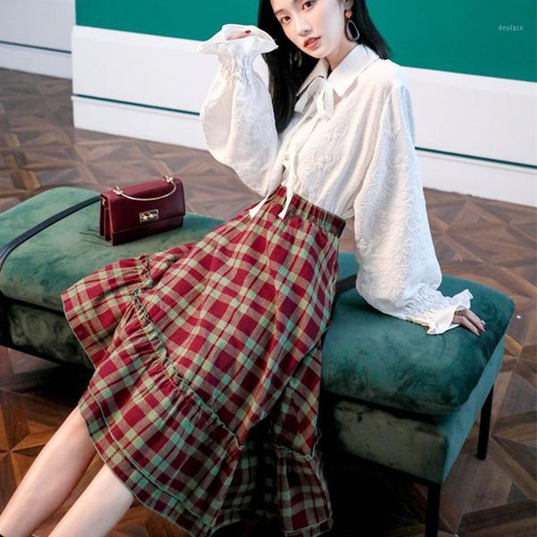 

winter undefined ruffled plaid skirt women elastic high waisted mermaid skirt japanese loose a-line skirts student girls1, Black