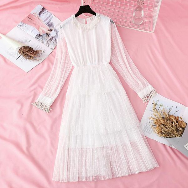 

2021 new dressed in girly lace fall elegant lady-neck long sleeve midi party dress sweet beading gown crocheted cake, Black;gray