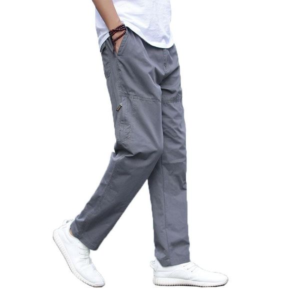 

men's pants spring/autumn thin trousers high waist loose straight cargo undefined pure cotton middle-aged casual, Black