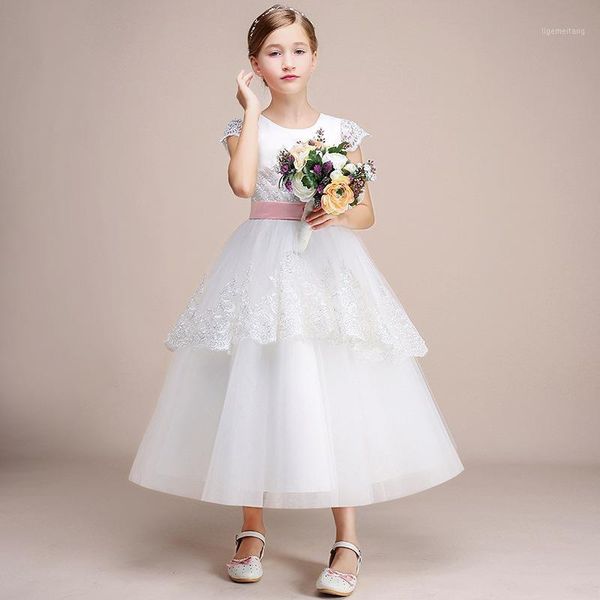 

lovely girl dress 2020 wedding party ivory flower girl dresses cap sleeves pink bow sash kids formal wear1, Red;yellow