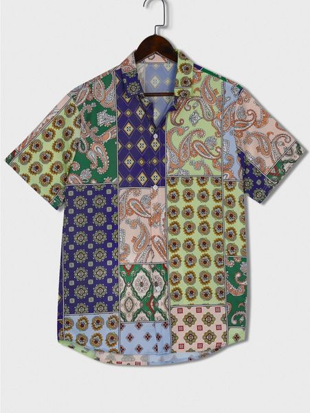 

romwe guys paisley & geo print curved hem shirt a6gy#, White;black