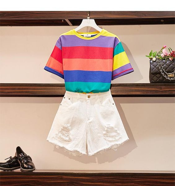 

hamaliel 2020 new summer shorts sets women plus size rainbow striped o neck loose t-shirt and white jeans hole tassel pants set1