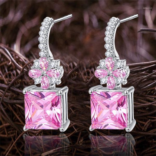 

dangle & chandelier lingmei wedding bridal pink white cubic zircon silver color drop earrings flower engagement jewelry girls1