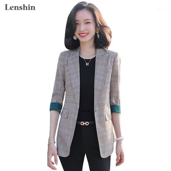 

lenshin plaid jacket for women summer wear female casual style fashion coat half sleeve blazer contrast sleeve outwear1, White;black