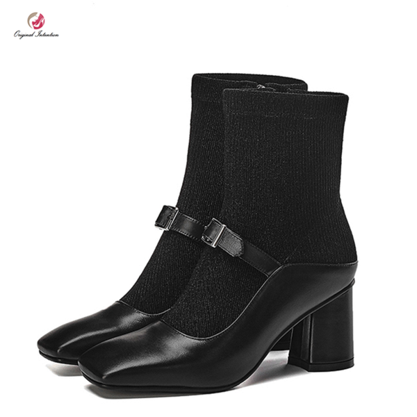 

boots original intention women high-quality ankle sock square toe heels black wine red green winter shoes woman
