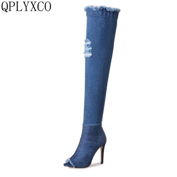 

qplyxco fashion boots peep toe big size 33-43 autumn winter high heels over the knee boots tenis feminino shoes woman 739-1, Black