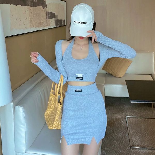 

v2rpm fashion bm sports style 2020 early autumn coat vest coatnew small coat three-piece vest high qar6e suit cardigan skirt waist, Gray