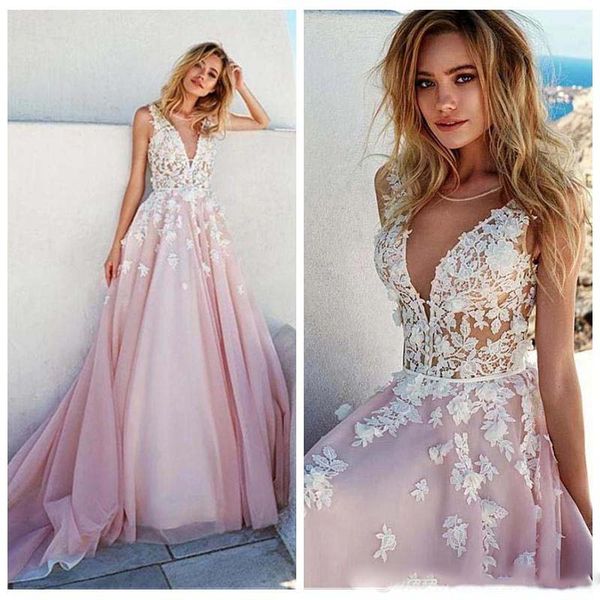

sheer neckline a-line blush colored wedding dress lace appliques open back designer wedding gowns with court train bridal dress, White