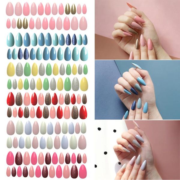 

24pcs full cover stiletto fake nails short almond nails sharp false nail tips mixed colors manicure press on, Red;gold
