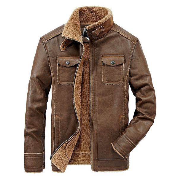 

winter men faux coat brushed thicked mens jackets men's motorcycle leather jacket multi pocket coats outerwear coating, Black;brown