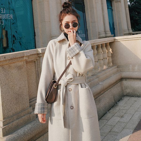 

hstar 2021 autumn winter women's fashion loose long over-the-knee thickening woolen coats female plaid splicing outerwear coat, Black