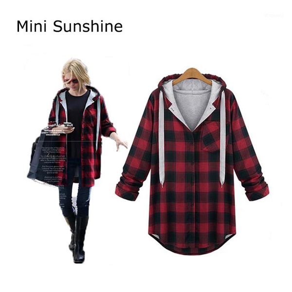 

women plaid hoodies warm plush sweatshirt grid lattice button hooded female checkered plus size coat winter jacket z301, Black