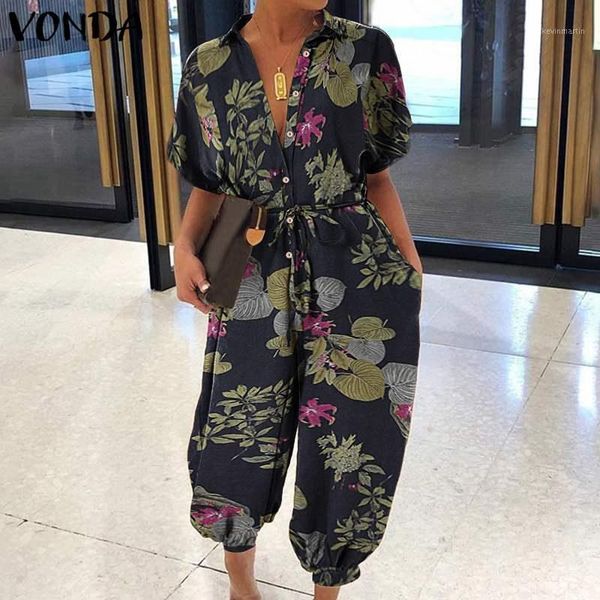 

3 colors women rompers vonda vintage floral printed wide leg jumpsuits plus size loose cotton overalls femme pantalon plus size1, Black;white