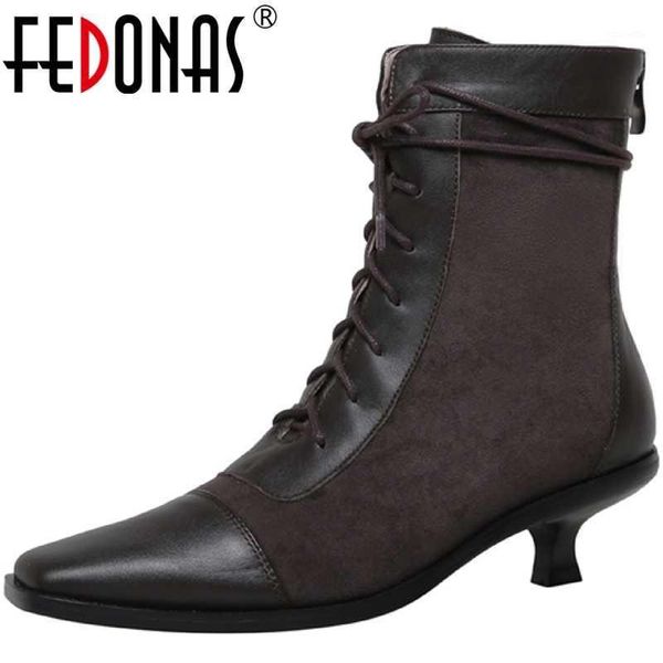 

boots fedonas elegant square toe shoes woman 2021 fashion genuine leather thin heels for girls wedding cross tied ankle boots1, Black