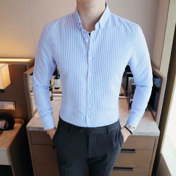 

qt2002-1-cs60 striped men's long sleeve korean slim fit business leisure youth handsome shirt fashion, White;black