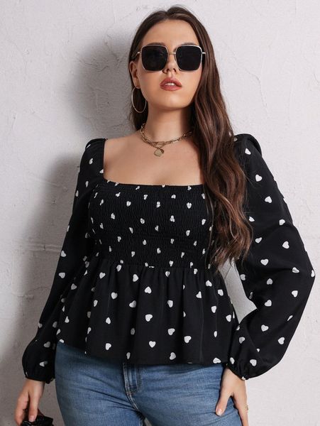 

plus heart print lantern sleeve shirred peplum blouse z2fn#, Black